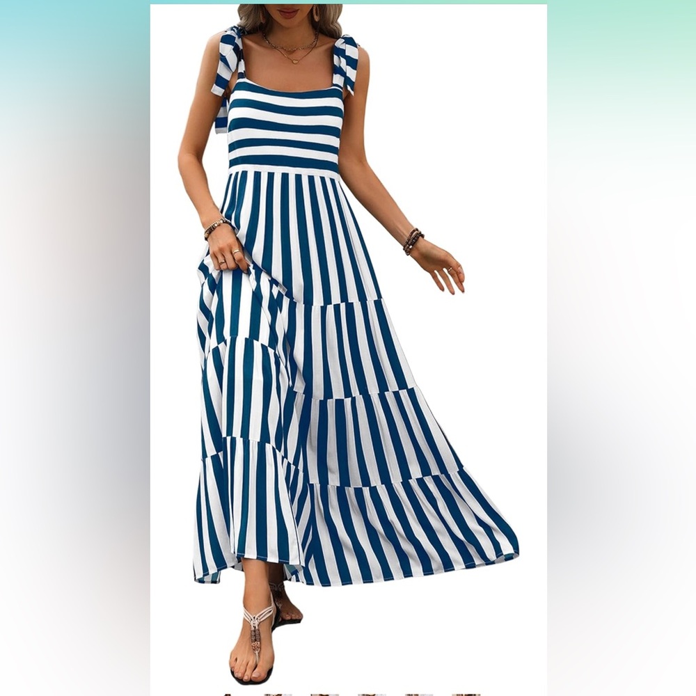Striped Blue and White Tie-Shoulder Maxi Dress